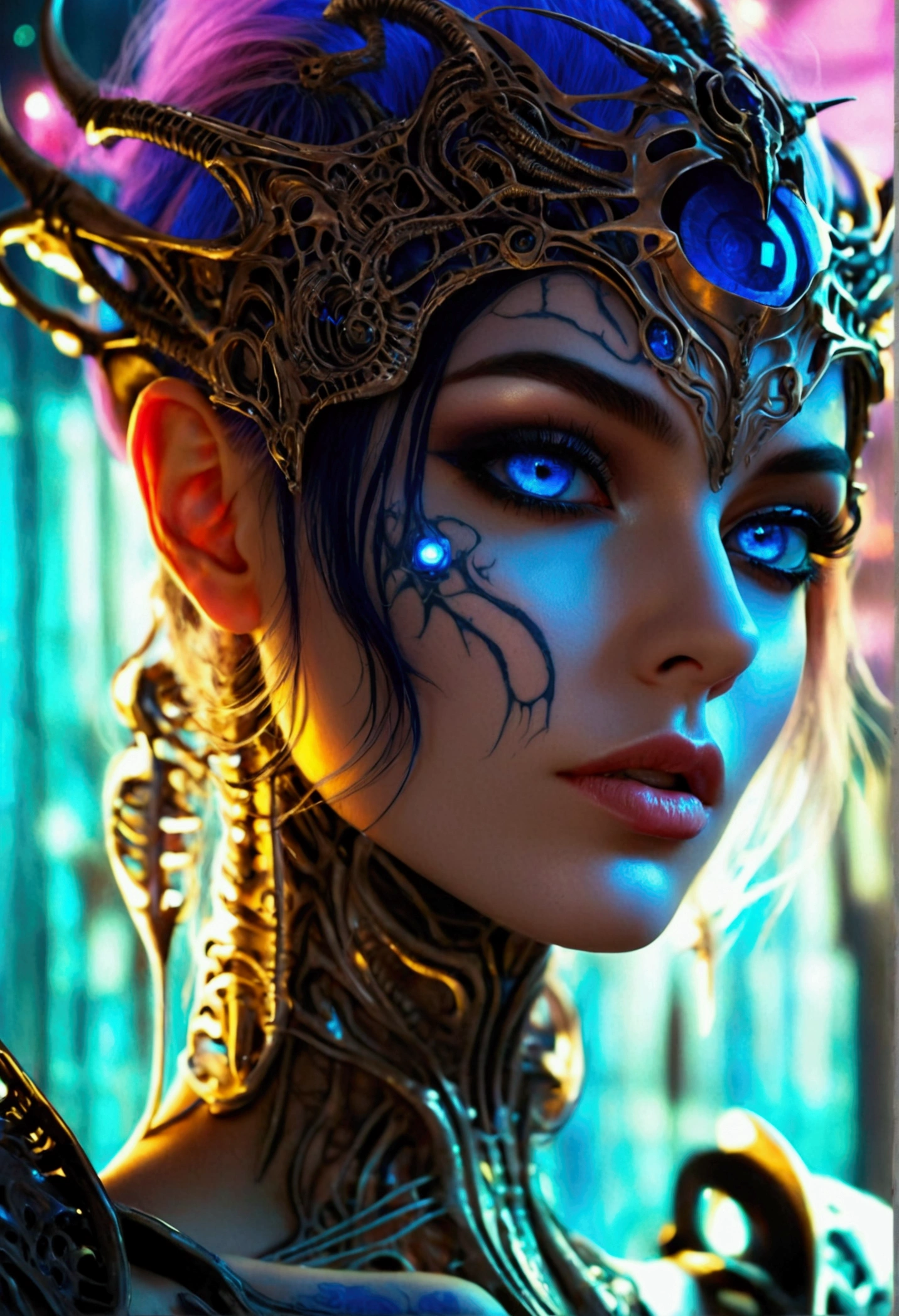 Stunningly gorgeous beautiful perfect hr giger inspired inspired tattooed sexy seductive deathknight, perfect face, hyper detailed neon sapphire eyes, large breasts, full body view, nude