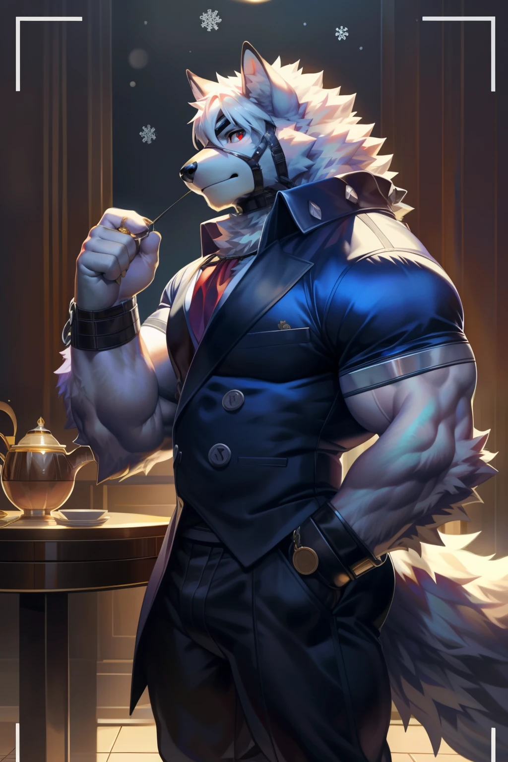 solo, anthro, furry, furry male, wolf, ((fluffy fur, fluffy, furry body)), (wolf print), prosthetic legs, round butt, fluffy tail, blue butler outfit, metal legs, red eyes, hair tuft, long hair, (white body, snow white body, lean muscles), wolf tail, ((white hair,)), (white muzzle, white forearms), leg raised, pocket watch, gold pocket watch, pocket watch in hand, face straps, butler uniform, black metal prosthetic legs detailed fluffy fur, detailed face, detailed eyes, smaller arms (full body, round ass, fluffy ass,), cyberpunk, valorant,(by Null-Ghost, by Raccoon21, masterpiece, high quality,hi res,8k hd), close-view portrait, looking at viewer, indoors, posh mansion, fine china, fancy tea party cute face, standing next to table, serious expression, camera view angled from above, heavy shadows, lean build, full body,
