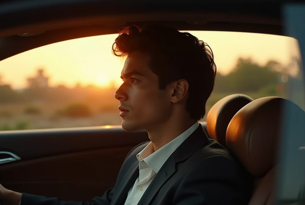 Create an intimate and cinematic scene of a stylish young man sitting in a luxury car, gazing thoughtfully out the window as the golden light of a setting sun softly illuminates his profile. His dark hair is wavy and well-groomed, complementing his well-tailored suit jacket over a crisp white shirt. Capture the mood of serenity and introspection, with a warm soft glow bouncing off the car's leather interior, highlighting the rich textures of the vehicle. The overall atmosphere should feel sophisticated, with subtle light and shadow interplay, enhancing the subject's contemplative expression and adding a sense of depth.