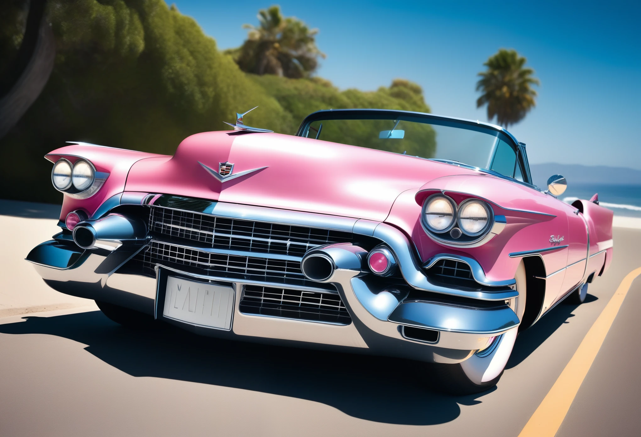 hyper detailed , Breathtaking 1950s photo of a cadillac eldorado the cadillac is  pink colored, open top convertible, lots of detail, the car is in Malibu, unique camera angle from the ground, award winning photo, professional car photography, rule of thirds, deep shadows, symmetrical car design, perfect centered composition, Miki Asai Macro photography, close-up, hyper detailed, trending on artstation, sharp focus, studio photo, intricate details, highly detailed, by greg rutkowski