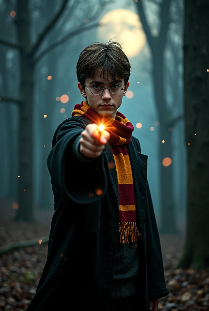 create an image of Harry from Harry Potter pointing his wand in my direction