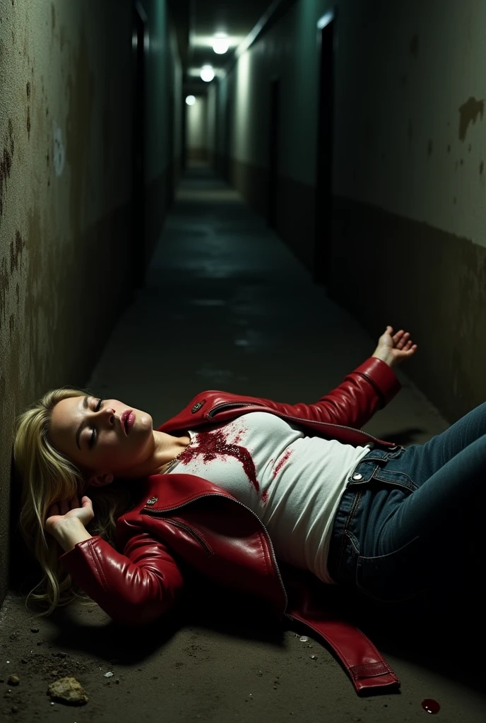 Emma swan, Jennifer Morrison with blond hair, red leather jacket and white thirt being stabbed, collapsing on the floor, catchung breath, dark atmosphere, sad, bloody, hyperrealistic, full body