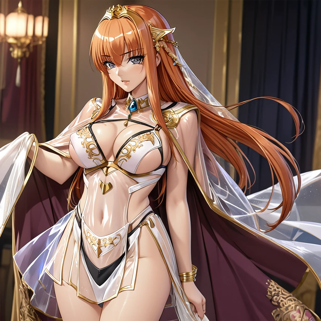 ((Highest quality)), ((masterpiece)), (detailed), （Perfect Face）、The woman is Maya Cordelia, with semi-long orange hair, wearing a completely transparent outfit adorned with luxurious golden embroidery and edging, a transparent cape, and luxurious accessories.、The woman is not wearing a bra、The woman is not wearing underwear