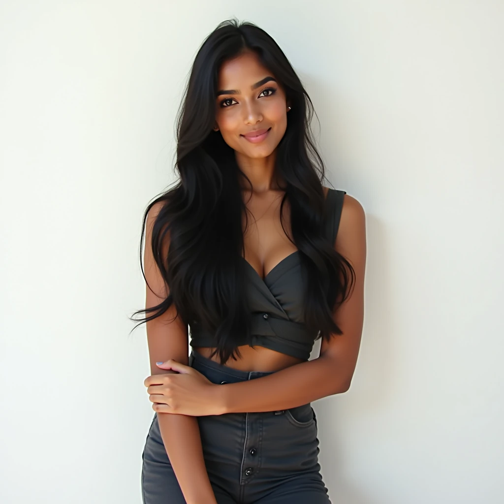 (Masterpiece: 1.2, Best Quality), Realistic, (Realistic Picture, Complex Details, Depth of Field), Best Quality, Masterpiece, Highly Detailed, Semi Realistic, Indian beautiful Girl, Mature Female, 21 Years Old, Black Hair, Black Eyes, (((Full body shot))), plain white background, cup shaped breast, decently dressed, (looking at camera, front view shots)