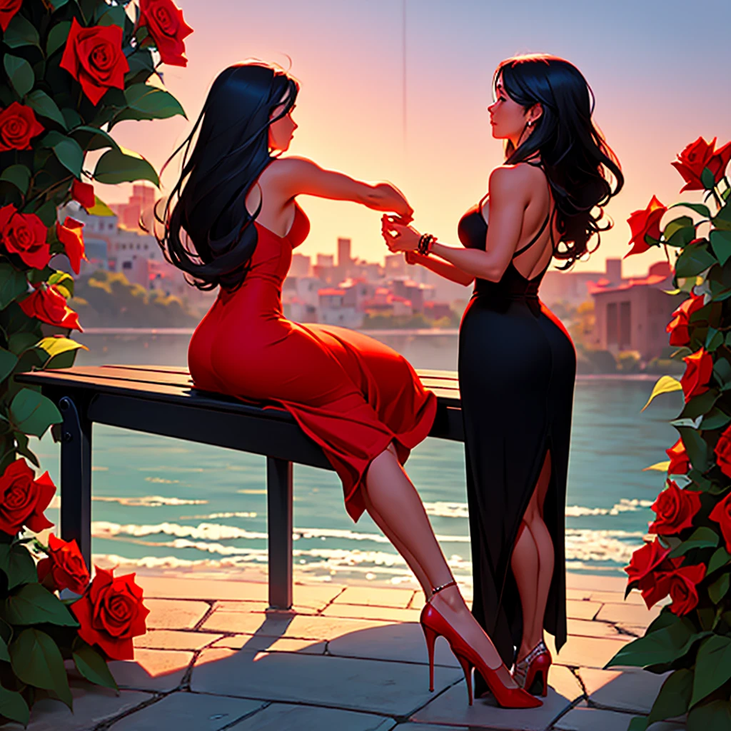 A tango dancing woman , sitting on a bench alone singing and admiring the scenery , pondering , with long black hair ,long red dress and red roses , Mexico , spain .