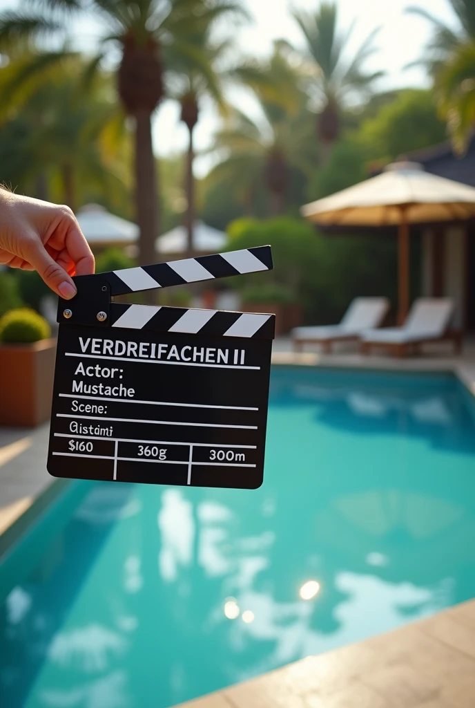 Black clapperboard with white title VERDREIFACHEN II and text “Actor: Mustache, scene: “Pool party accident” with blurry luxurious pool in the background, lights and cameras around