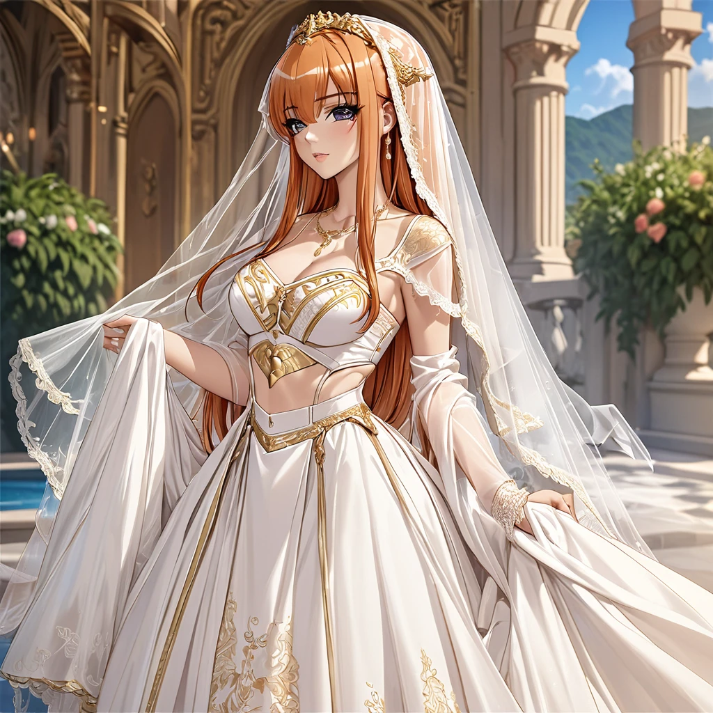 ((Highest quality)), ((masterpiece)), (detailed), (Perfect Face)、The woman is Maya Cordelia, with medium-long orange hair, wearing a vintage wedding dress with gorgeous gold embroidery and trim, a wedding veil, and gorgeous accessories.