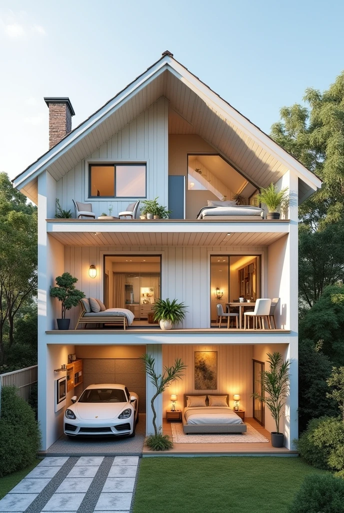 IMAGE OF A TWO-STORY HOUSE WITH A CROSS-SECTION,                                                         WHERE YOU CAN SEE ON THE FIRST FLOOR A KITCHEN, A DINING ROOM, living room,  PARKING AND A TERRACE AND ON THE SECOND FLOOR A BATHROOM, A LAUNDRY, ONE BEDROOM AND A BALCONY.