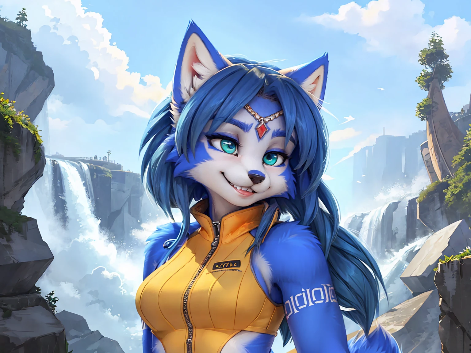 A beautiful and detailed (sweet portrait) wa ((krystal)), Star Fox krystal, sslim, lovable, green eyes, medium breasts, (((Long blue hair 1.3))), Decollete, grin, look up,, anthro, furry, Uploaded E621, detailed fluffy fur, (wa Fluff-Kevlar, Bayard Wu, personalize me, Pino Daeni), detailed face, (fluffy), 1 girl, alone, sweet girl, 
