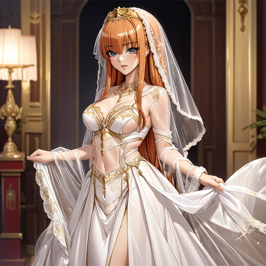 ((Highest quality)), ((masterpiece)), (detailed), （Perfect Face）、The woman is Maya Cordelia, with medium-long orange hair, wearing a see-through vintage wedding dress with gorgeous gold embroidery and trim, a wedding veil that shows through her skin, and luxurious accessories.