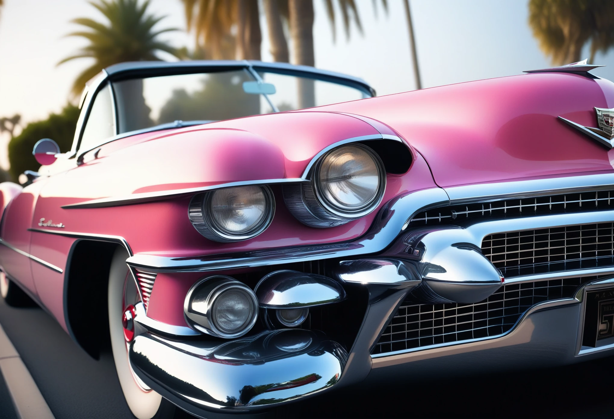 hyper detailed , Breathtaking 1950s photo of a cadillac eldorado the cadillac is  pink colored, open top convertible, lots of detail, the car is in Malibu, unique camera angle from the ground, award winning photo, professional car photography, rule of thirds, deep shadows, symmetrical car design, perfect centered composition, Miki Asai Macro photography, close-up, hyper detailed, trending on artstation, sharp focus, studio photo, intricate details, highly detailed, by greg rutkowski