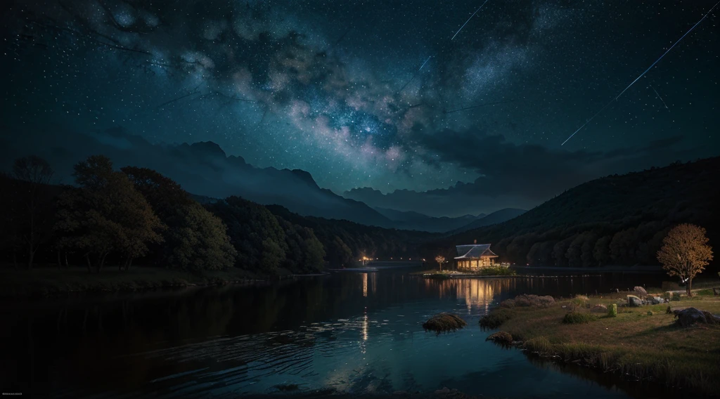 A highly condensed beauty dressed in a painting of stars and moons in the river and sky, concept art inspired by Tosa Mitsuoki, winner of the pixiv contest, best qualityer, Fantasyart, cute anime dinners, a bright moon round, starry sky environment in the moonlight, dream painting, anime background art, dream landscape art, fantastic night, anime background, background art, fantastic art, atmospheric anime, starry sky, detail enhancement.