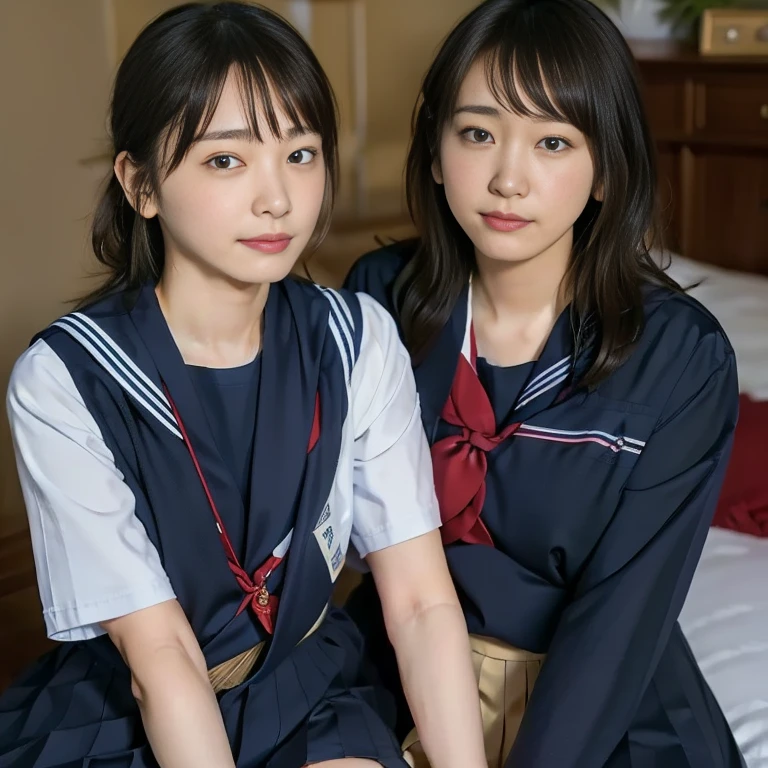 (Masterpiece, Best quality:1.4), (Ultra realistic, Photo-realistic:1.2), Natural light, 25 years old actress, Japanese women, Neat and clean, (school uniform, sailor suit, short sleeve suit:1.2), (traditional Japanese style with white and navy blue colors, detailed red ribbon and navy blue pleated skirt:1.1), (Ponytail:1.2), Short wavy hair, Light brown hair color, (Beautiful Faces), Oval face, clear, (Beautiful eyes, Kind eyes), (Clear skin), Small face, (Small mouth), (Beautiful mouth), Natural makeup, Approachable, Luxury hotel Suite room, On bed, Seductive smile, (Seductive pose:1.2), (Beautiful thighs:1.1), (Bedroom eyes), (nsfw:1.1), (lesbian couple:1.1), (petting together:1.2), obscene reality of girls, (crotch rub:1.1),