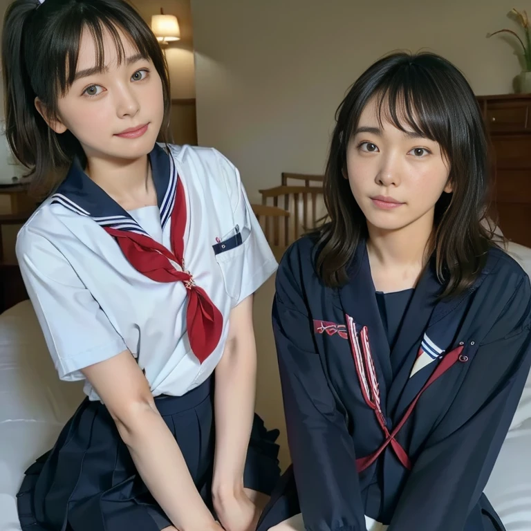(Masterpiece, Best quality:1.4), (Ultra realistic, Photo-realistic:1.2), Natural light, 25 years old actress, Japanese women, Neat and clean, (school uniform, sailor suit, short sleeve suit:1.2), (traditional Japanese style with white and navy blue colors, detailed red ribbon and navy blue pleated skirt:1.1), (Ponytail:1.2), Short wavy hair, Light brown hair color, (Beautiful Faces), Oval face, clear, (Beautiful eyes, Kind eyes), (Clear skin), Small face, (Small mouth), (Beautiful mouth), Natural makeup, Approachable, Luxury hotel Suite room, On bed, Seductive smile, (Seductive pose:1.2), (Beautiful thighs:1.1), (Bedroom eyes), (nsfw:1.1), (lesbian couple:1.1), (petting together:1.2), obscene reality of girls, (crotch rub:1.1),