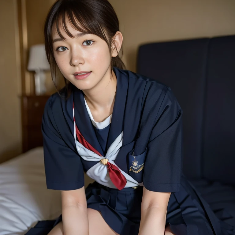 (Masterpiece, Best quality:1.4), (Ultra realistic, Photo-realistic:1.2), Natural light, 25 years old actress, Japanese women, Neat and clean, (school uniform, sailor suit, short sleeve suit:1.2), (traditional Japanese style with white and navy blue colors, detailed red ribbon and navy blue pleated skirt:1.1), (Ponytail:1.2), Short wavy hair, Light brown hair color, (Beautiful Faces), Oval face, clear, (Beautiful eyes, Kind eyes), (Clear skin), Small face, (Small mouth), (Beautiful mouth), Natural makeup, Approachable, Luxury hotel Suite room, On bed, Seductive smile, (Seductive pose:1.2), (Beautiful thighs:1.1), (Bedroom eyes), (nsfw:1.1), (lesbian couple:1.1), (petting together:1.2), obscene reality of girls, (crotch rub:1.1),