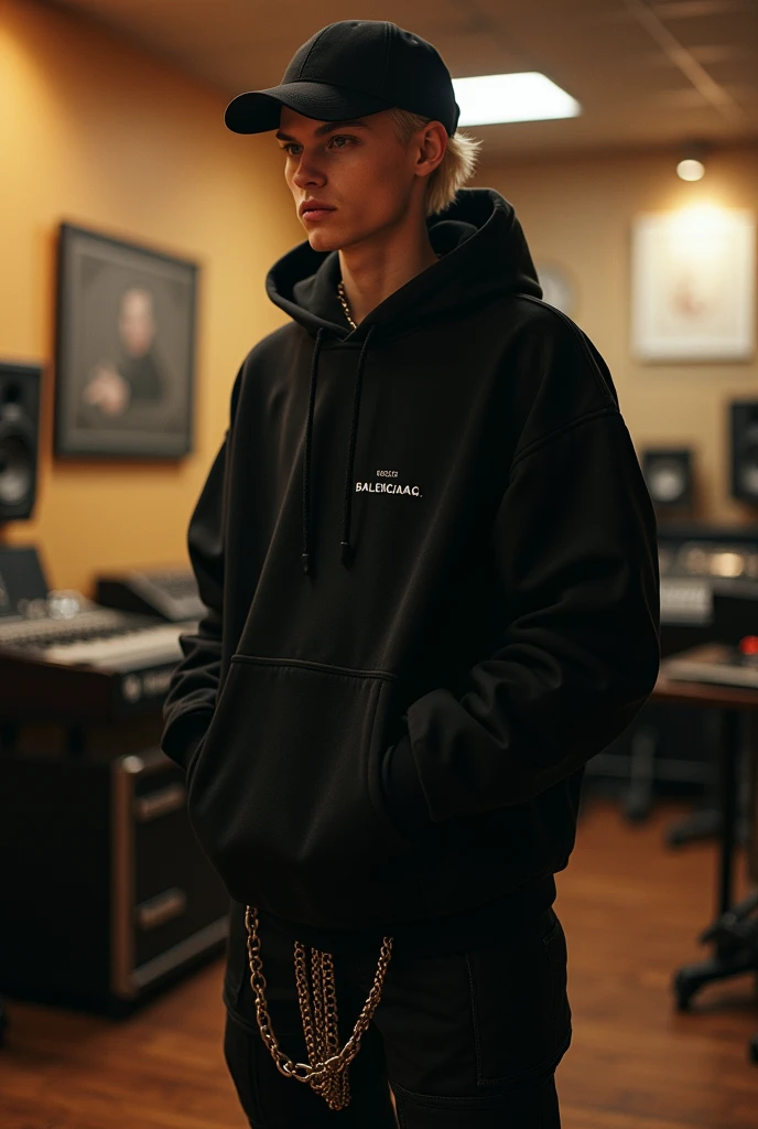(photorealism:1.2) short hair blonde man, a 35 years old blonde guy called Torino, streetwear, oversized, black, balenciaga, fitness, wearing balenciaga streetwear, balenciaga, all black, hoodie over the head, wide jacket, japanese style trousers, oversized clothes, black cap, black sunglasses, black nails, boots, chains, background is a music studio but without paintings