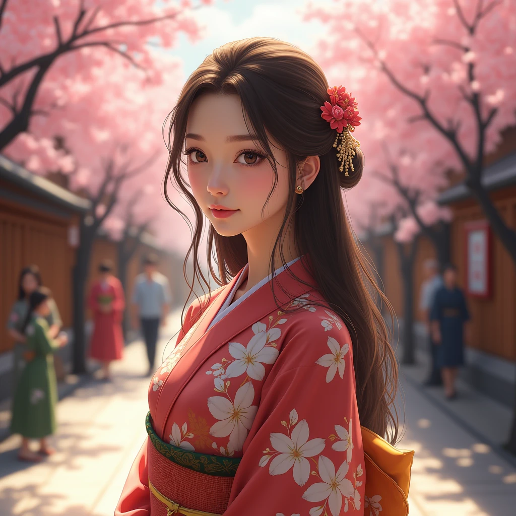 ((Maximum quality、8k、work of art:1.3))、whole body、Beautiful women in perfect shape:1.4、(long brown hair、normal breast:1.3)、(Japanese floral yukata)、Highly detailed texture of face and skin、Delicate Eyes、Double eyelids、a smirk:1.5、all-body、sacrifice、in street、natta