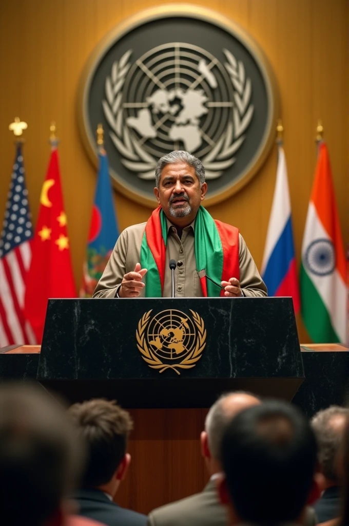 Create an image where Abu Sayeed, the martyr of quota movement in Bangladesh delivers a speech in United nations conference including flag of Bangladesh wrapped on his forehead. Include the flags of USA,China,Russia,India. Include the logo of UN
