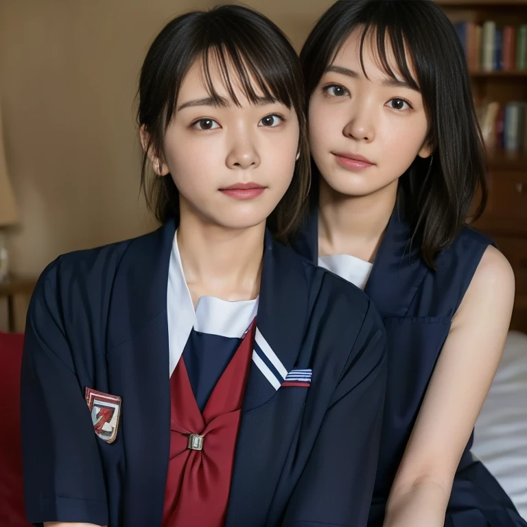 (Masterpiece, Best quality:1.4), (Ultra realistic, Photo-realistic:1.2), Natural light, 25 years old actress, Japanese women, Neat and clean, (school uniform, sailor suit, short sleeve suit:1.2), (traditional Japanese style with white and navy blue colors, detailed red ribbon and navy blue pleated skirt:1.1), (Ponytail:1.2), Short wavy hair, Light brown hair color, (Beautiful Faces), Oval face, clear, (Beautiful eyes, Kind eyes), (Clear skin), Small face, (Small mouth), (Beautiful mouth), Natural makeup, Approachable, Luxury hotel Suite room, On bed, Seductive smile, (Seductive pose:1.2), (Beautiful thighs:1.1), (Bedroom eyes), (lesbian couple:1.1), (petting together:1.2), obscene reality of girls, (crotch rub:1.1),