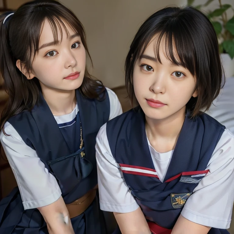 (Masterpiece, Best quality:1.4), (Ultra realistic, Photo-realistic:1.2), Natural light, 25 years old actress, Japanese women, Neat and clean, (school uniform, sailor suit, short sleeve suit:1.2), (traditional Japanese style with white and navy blue colors, detailed red ribbon and navy blue pleated skirt:1.1), (Ponytail:1.2), Short wavy hair, Light brown hair color, (Beautiful Faces), Oval face, clear, (Beautiful eyes, Kind eyes), (Clear skin), Small face, (Small mouth), (Beautiful mouth), Natural makeup, Approachable, Luxury hotel Suite room, On bed, Seductive smile, (Seductive pose:1.2), (Beautiful thighs:1.1), (Bedroom eyes), (lesbian couple:1.1), (petting together:1.2), obscene reality of girls, (crotch rub:1.1),