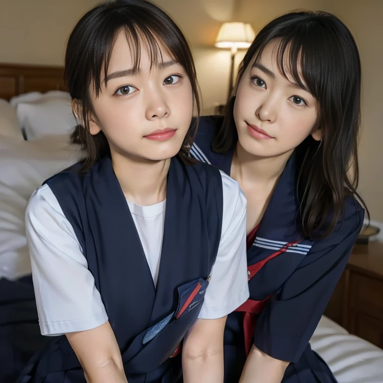 (Masterpiece, Best quality:1.4), (Ultra realistic, Photo-realistic:1.2), Natural light, 25 years old actress, Japanese women, Neat and clean, (school uniform, sailor suit, short sleeve suit:1.2), (traditional Japanese style with white and navy blue colors, detailed red ribbon and navy blue pleated skirt:1.1), (Ponytail:1.2), Short wavy hair, Light brown hair color, (Beautiful Faces), Oval face, clear, (Beautiful eyes, Kind eyes), (Clear skin), Small face, (Small mouth), (Beautiful mouth), Natural makeup, Approachable, Luxury hotel Suite room, On bed, Seductive smile, (Seductive pose:1.2), (Beautiful thighs:1.1), (Bedroom eyes), (lesbian couple:1.1), (petting together:1.2), obscene reality of girls, (crotch rub:1.1),