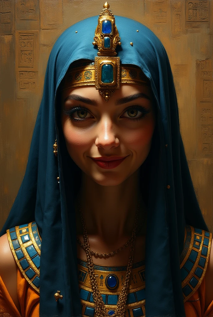 (oil painting) Close-up of an Egyptian priest with a shadowed face and a mischievous smile