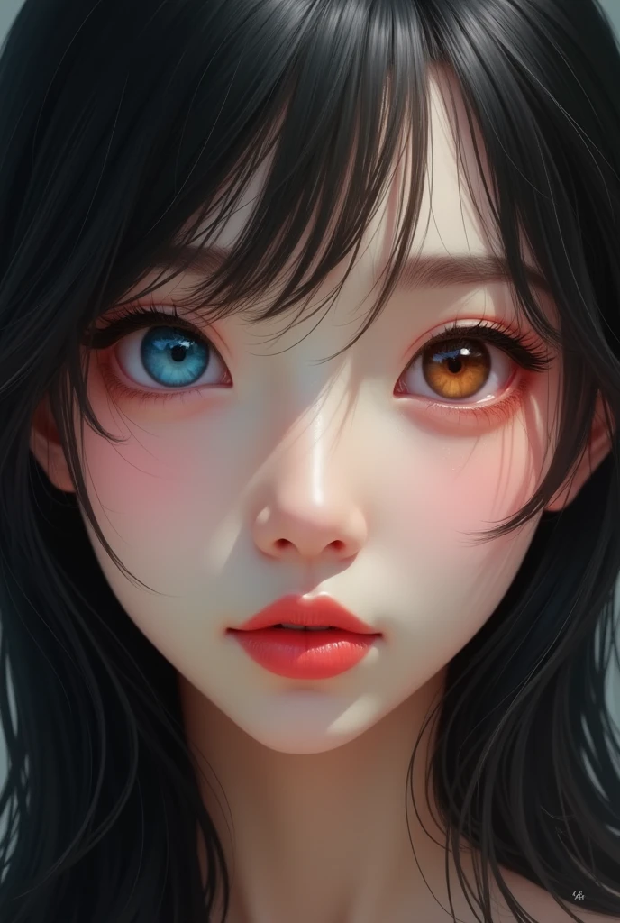 Gorgeous face, Asian, Korean woman, heterochromia, different colored eyes, One eye is blue, One eye is brown, pensive, black long hair, lush lips, hyperrealism, realistic face,