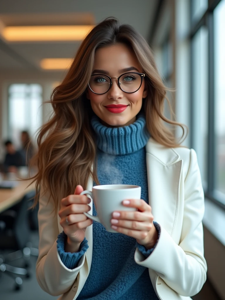 Full body, beautiful woman, sitting in office, driking a coffee, wearing a blue fuzzy sweater under close white jacket, beautiful hair, stunning blue eyes, wearing a glasses, full red lips, ultra quality, ultra resolution, ultra realisitc, Ultra HD, ultra detailed, super quality, super resolution, super detailed, 16K, VFX, HDR, RTX, Unreal engine 5.3, Wide Angle