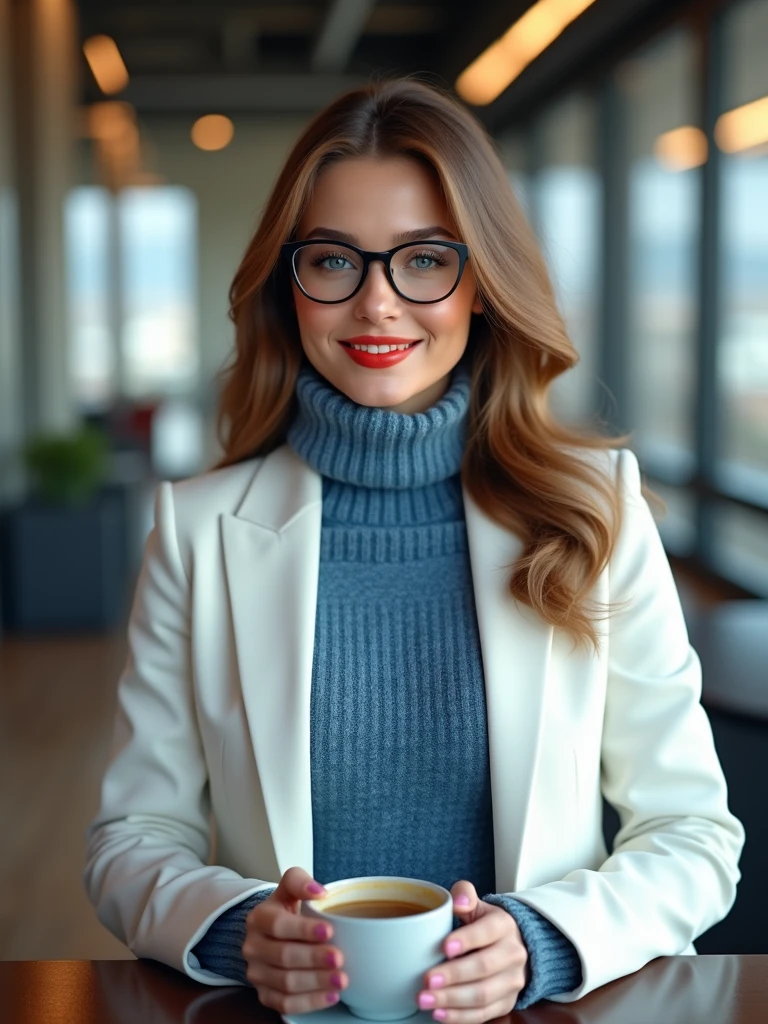 Full body, beautiful woman, sitting in office, driking a coffee, wearing a blue fuzzy sweater under close white jacket, beautiful hair, stunning blue eyes, wearing a glasses, full red lips, ultra quality, ultra resolution, ultra realisitc, Ultra HD, ultra detailed, super quality, super resolution, super detailed, 16K, VFX, HDR, RTX, Unreal engine 5.3, Wide Angle