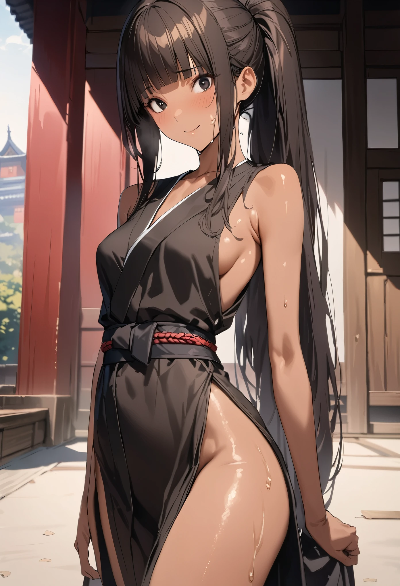 ((masterpiece,best quality anime,Highest quality:1.3)),realistic,cowboy shot,(25 year old beauty),Female ninja、1woman,独奏,((very small head:1.4)),((very long body:1.3)),black hair,bangs,(long ponytail hair),gorgeous big eyes,black eyes,shy,smile,((tan skin:1.4)),((slender body:1.3,skinny)),medium breasts,sweat,gleaming skin,shiny skin,((Black kimono、Black obi for a kimono、Sleeveless、Side slits)),Temple、Domestic、