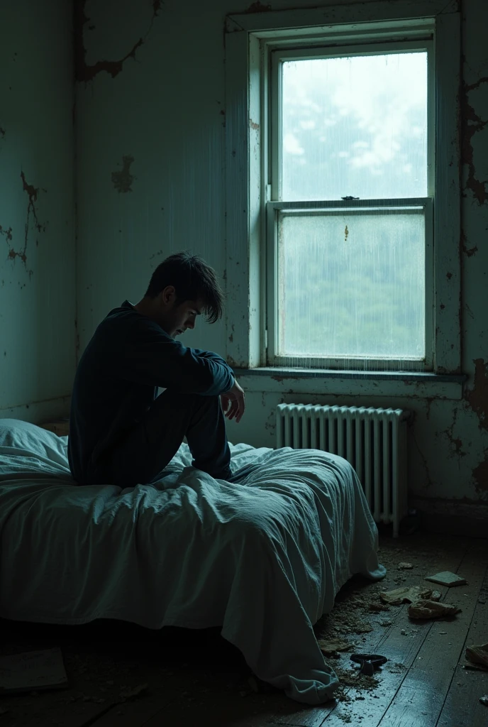 Create an image that represents depression, a sad person in a sad and closed environment