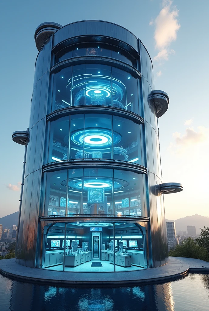 A cylindrical structure of metal and glass, with several domes and solar panels on its surface. The interior is filled with control screens, laboratories and cold storage chambers.