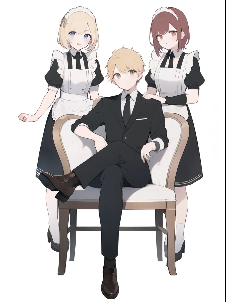 (best quality), (masterpiece), (Detailed lighting),(Extremely refined), (White background:1.4), A young man， Western knight noble clothing，Blonde short hair，Golden Eyes，sit on the chair，Cross your legs，The corners of the mouth slightly raised。Behind him stood two maids with auburn hair.，front Photo，full-body shot，Correct anatomy