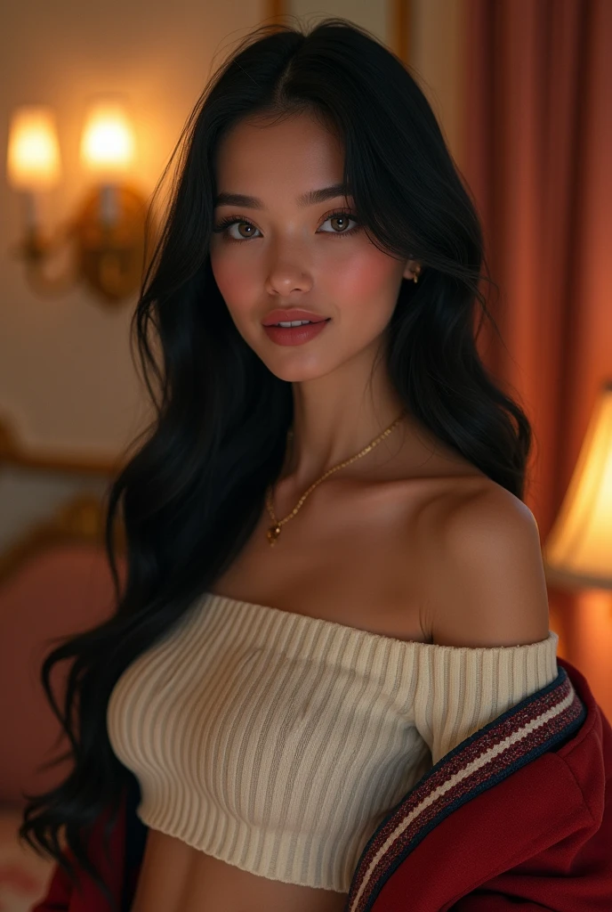 masterpiece, best quality, highly detailed, 1girl, solo, hair down, long hair, off-shoulder sweater, varsity jacket, looking at viewer, smile, blush, Wide Smile, Eyes Detailed & Wide, sexy Pose. Ultra HD, Rococo-Inspired Fantasy Art With Intricate Details. Cute, Charming Expression, Alluring-Gaze, looking at viewer Beautiful Eyes, An-Ideal-Figure. Large Youthful Well-Shaped-Breasts, Massive-Round-Bosom, Décolletage. slim waist, fit body, full lipsWarm lights , woman in a hotel, with fluffy hair, delicate face, realistic, real, slim, large aperture, sexy shots, attractive pose, Russian, Indonesian. symmetrical face, photorealistic, photography, path tracing, specular lighting, volumetric face light, path traced hairmaximum quality{(masutepiece) (8K High Resolution) (top-quality), heterochromia, blue eyes, red eyes, black hair.