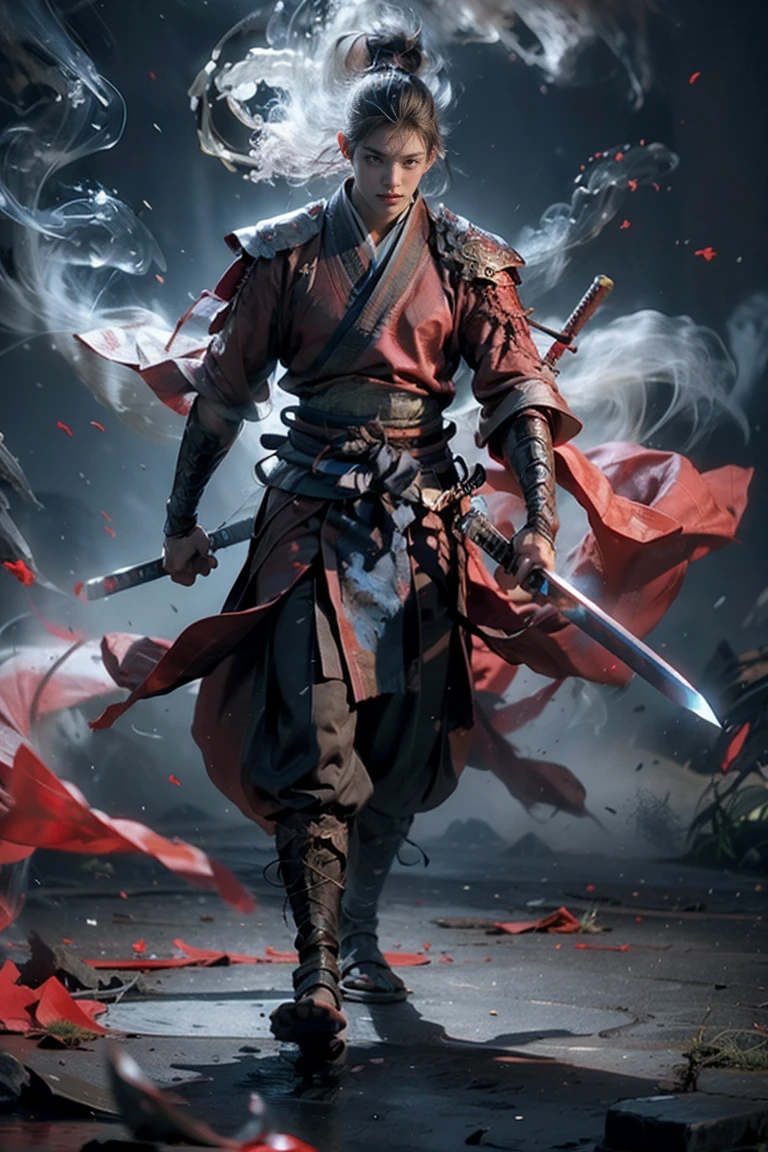 masterpiece，16K，high quality，A work of art，Martial Spirit，1 boy，Red theme，smoke，floating weapon，Sword，Bright lights，Bright background，handsome face，delicate face，Vibrant texture，Photos taken with Sony camera，movie lighting，Full body female love，Walk，