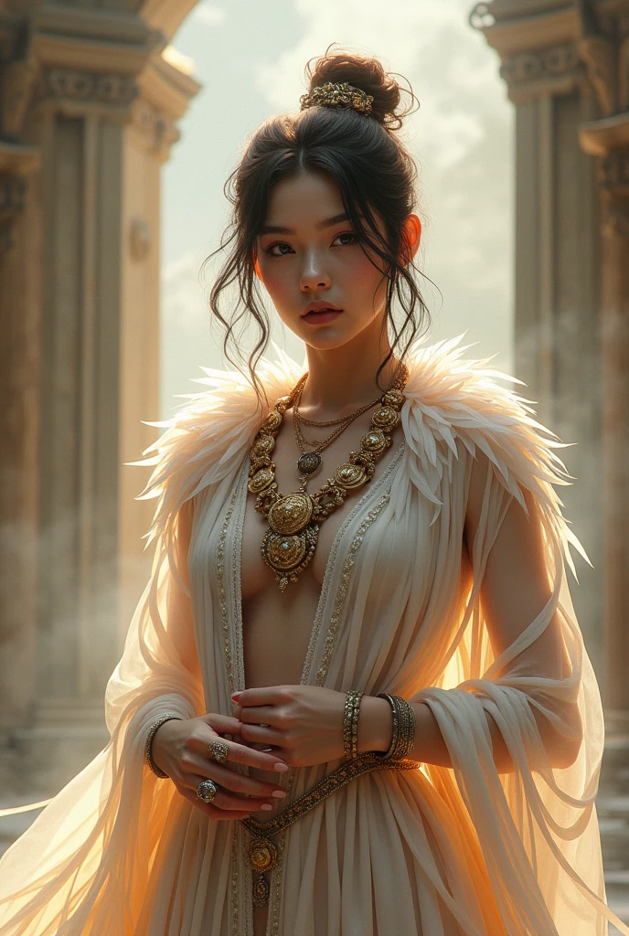 Ultra-high resolution, Attention to detail, Highest quality, 女god, See-through feather robe, Rings on the wrists and ankles, A necklace studded with jewels, god々New Background