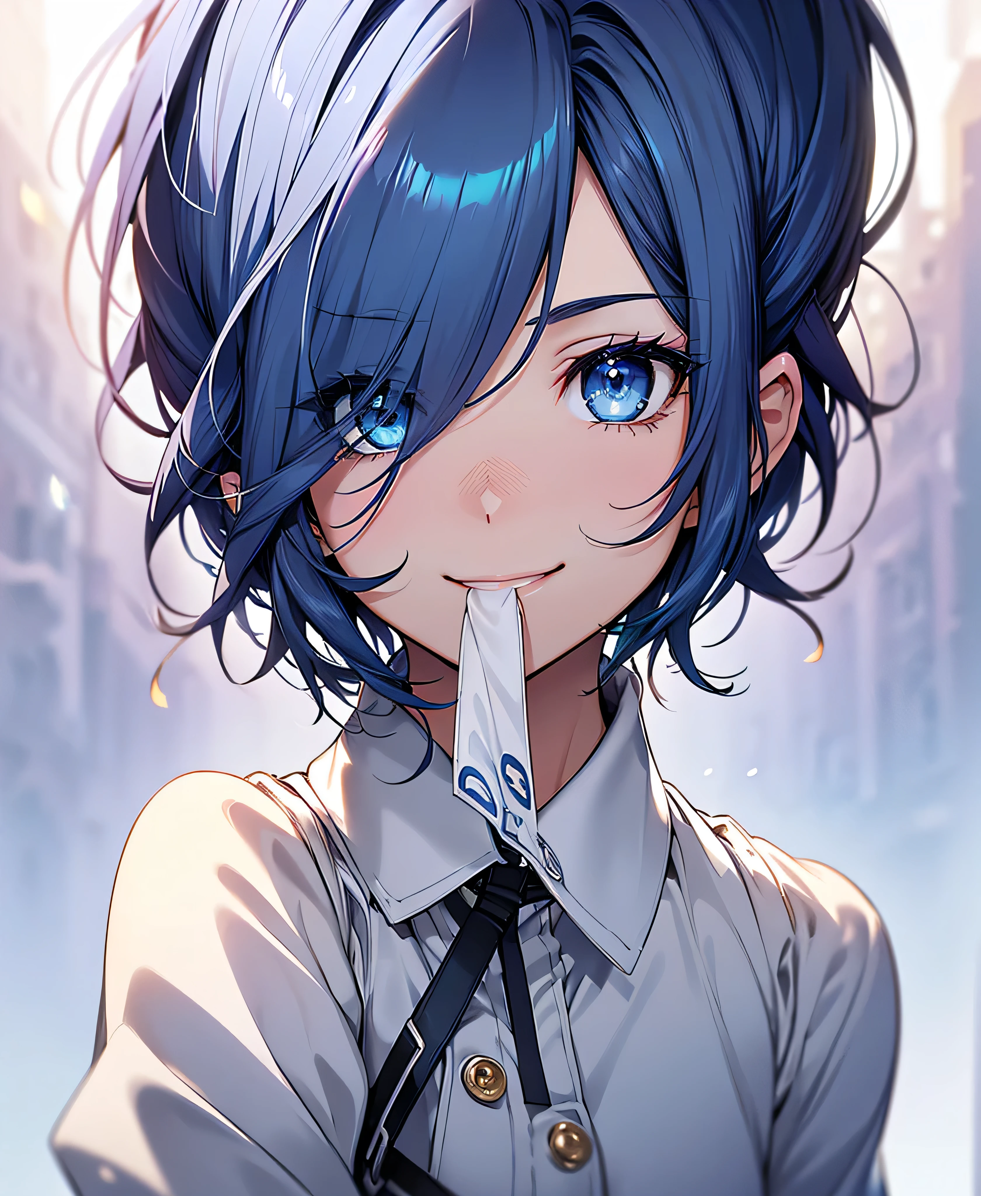 Realistic、One person、fluorescence Navy Blue Hair、blue eyes、(Eye focus:1.3,Face Focus:1.3,Upper Body:1.5),(Gradient Eye:1.3),(blouse)、smile,Laugh with your mouth wide open,(Happy:1.3),short hair、Cute Face,Portraiture,