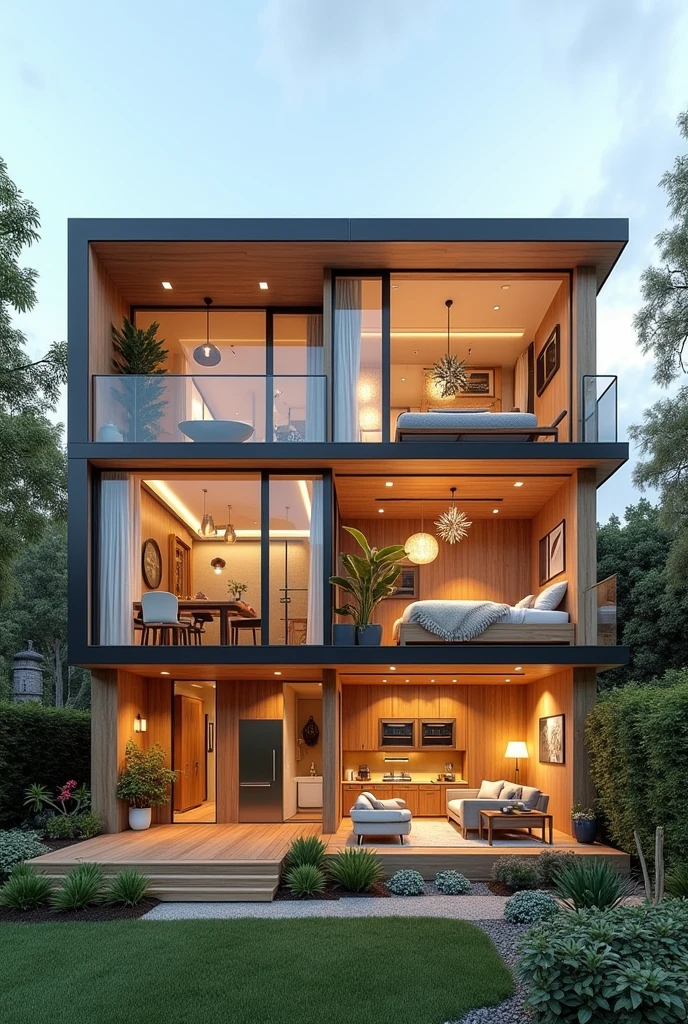 IMAGE OF A TWO-STORY HOUSE WITH A CROSS-SECTION,                                                         WHERE YOU CAN SEE ON THE FIRST FLOOR A KITCHEN, A DINING ROOM, living room,  PARKING AND A TERRACE AND ON THE SECOND FLOOR A BATHROOM, A LAUNDRY, ONE BEDROOM AND A BALCONY.