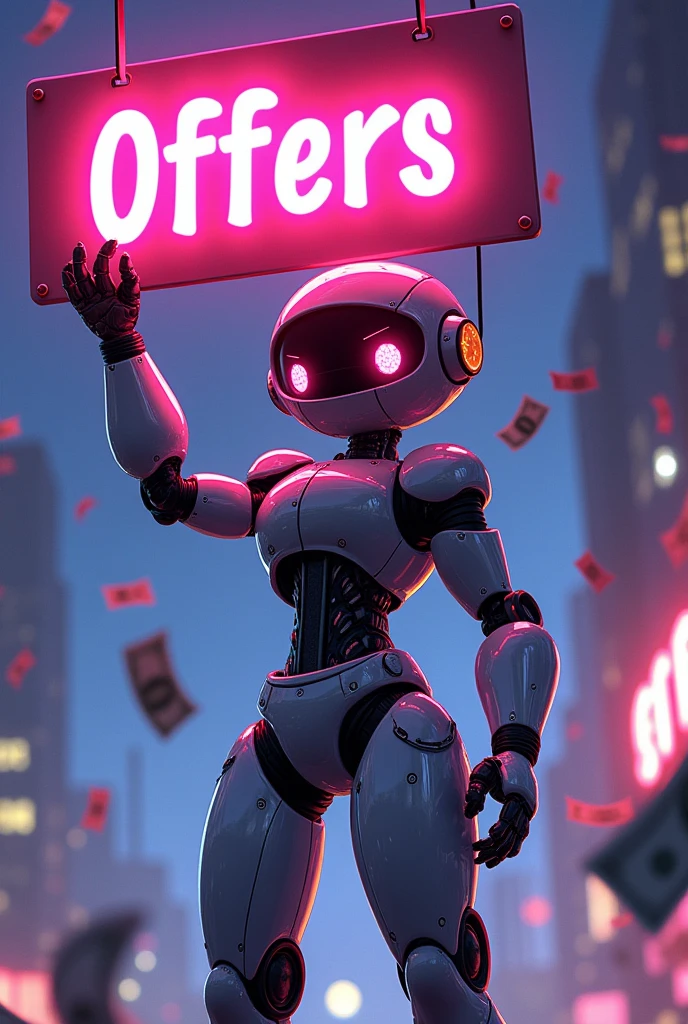 Humanoid robot holding a sign that says offers. In the background of the image money falling from the sky. Arte estilo de anime "hentai"