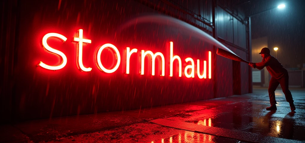 "stormhaul" écrit en néon en rouge et en noir avec une batte de baseball qui vient frapper le neon