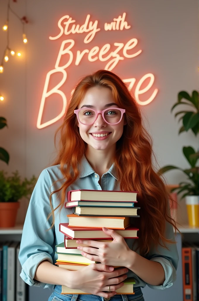 a 20 years okd girl with pink glasses holding books with a phrase 'Study with Breeze' behind the girl