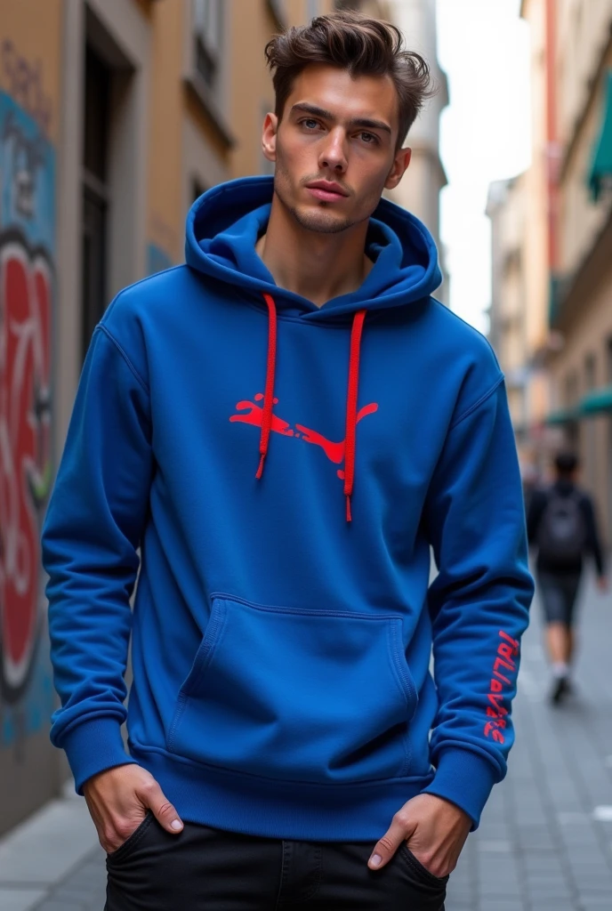 A sweatshirt model with a classic blue design with red details