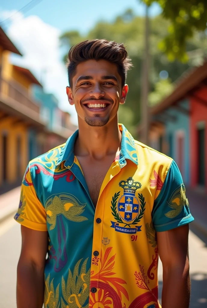 Real attractive Brazilian young man wearing a shirt from a Paraguayan school