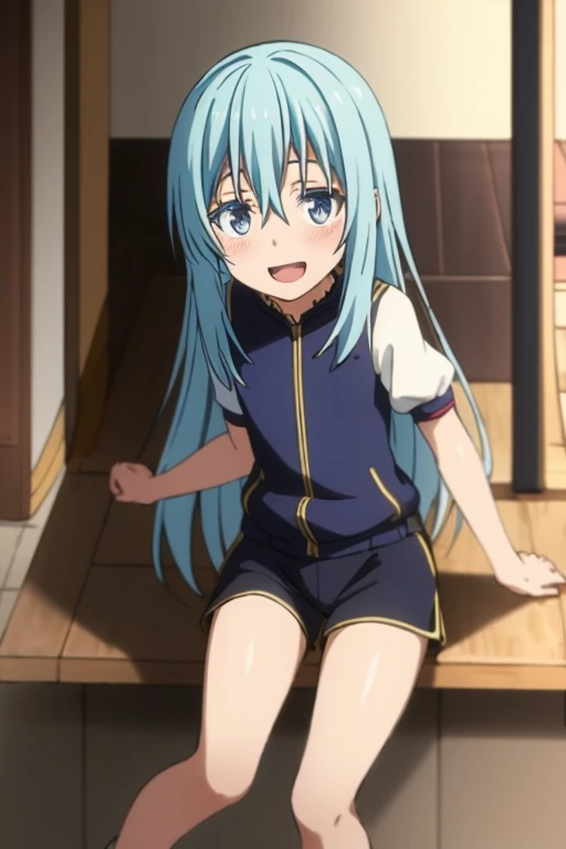 ((Highest quality)), ((masterpiece)), (be familiar with), Perfect Face, indoor, Bedroom, Watching the audience,
One woman, Rimuru=Tempest,
Open Mouth, Ecstatic expression, blush, smile,
Small breasts, Flat Chest, , , , Girl,
Long Hair, Long Hair,
Gym suit, White short sleeves, Black shorts, Leg spread,
