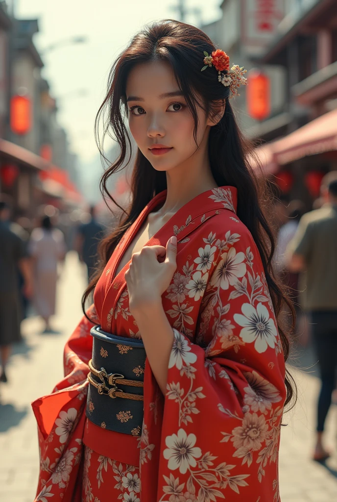 ((Maximum quality、8k、work of art:1.3))、whole body、Beautiful women in perfect shape:1.4、(long brown hair、normal breast:1.3)、(Japanese floral yukata)、Highly detailed texture of face and skin、Delicate Eyes、Double eyelids、a smirk:1.5、all-body、sacrifice、in street、natta