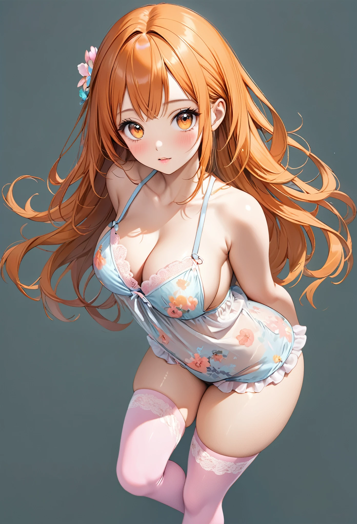 ((nami)), (((cute overload))), pastel color palette, ((black thigh length hair)), (orange hair), (big orange eyes), huge tits, casual pose, relaxed, playful, shiny skin, (thin), (((solid pastel background))), (((sideboob))), (petite), ((floral pastel lingerie)), ulzzang, ((realistic)), (looking at viewer), ((arms behind back)), ((cleavage)), straight on, portrait, thick thighs, from above, full body, looking up at viewer, from behind, orange panties, pastel thigh highs,