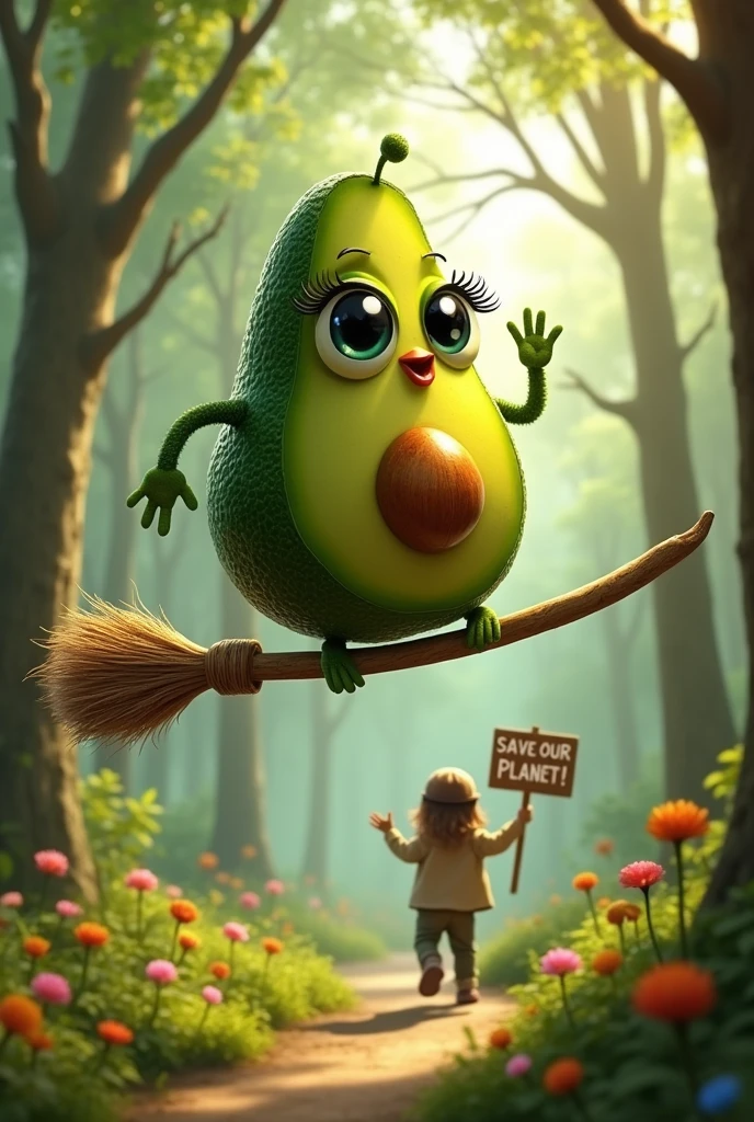 A moving avocado with eyes with long eyelashes, luxurious sucking lips, long nails, a flying broom and an environmentalist.