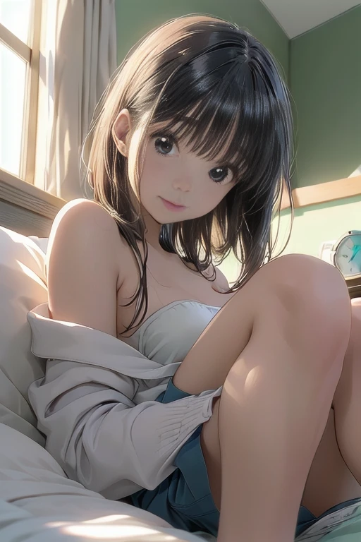 ((Naked Body)) 、(Vaginal Eversion),((Open your feet wide))、High-level image quality、Highest quality、Detail view、Her cheeks are not flushed、One high school girl, Slender beauty、Cute Woman , Cute cute beautiful girl,JK、Quiet、Small eyes、Small breasts、Back Angle、She is lifting her buttocks up towards the viewer、bed、((View from below))、(She is lying down and facing away)