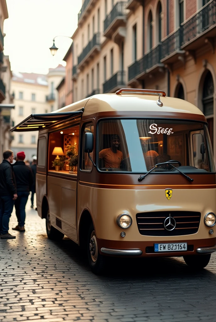 Make me a technological Ferrari truck, the latest model, big and beautiful, that sells coffee and has the name Steff Coffe and has colors related to a coffee shop