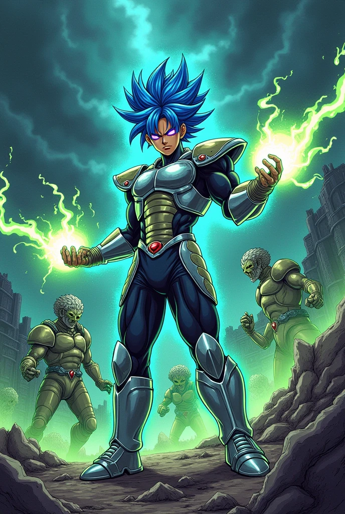 Create a manga style man, with blue spiky hair, purples eyes, wearing armor, releasing winds from his hands,against radioactive creatures, 